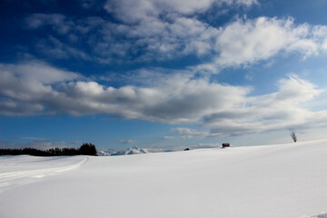 雪原と冬の青空　十勝岳連峰
