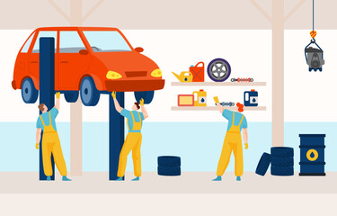 Professional character car service center, hard worker man mechanic, vehicle workplace lift concept flat vector illustration.