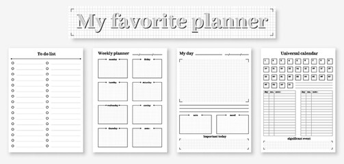 Diary printable page template planner bw flat set. Daily weekly monthly planner case schedule note time management organizing important task list personal business organizer date adjust life vector