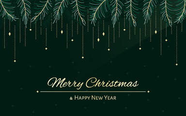 Christmas tree branch gold beads star glitter magic card flat. Green dark evergreen forest festive rich background greeting holiday corporate card invitation screensaver website event new year vector