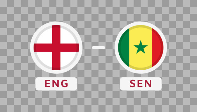 England vs Senegal Match Design Element. Flags Icons isolated on transparent background. Football Championship Competition Infographics. Announcement, Game Score, Scoreboard Template. Vector
