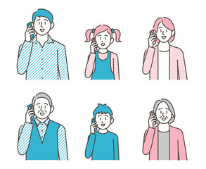 Vector illustration of a family of men and women, young and old, on the phone with a smartphone.