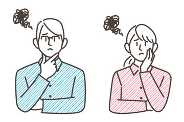 Vector illustration of a couple, a man and a woman, thinking and worrying.