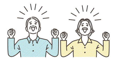 Elderly man and woman smiling and raising their fists in joy [Vector illustration].
