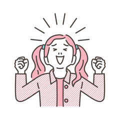 Cute girl smiling and raising her fists in the air with joy [Vector illustration].