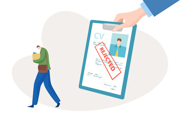 Dismissed employee tiny male character, human resources career problem, rejected specialist flat vector illustration, isolated on white.