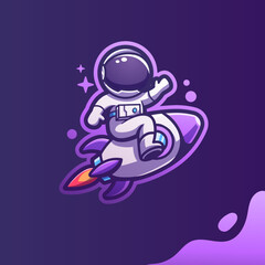Cute Mascot Astronaut Riding Rocket Cartoon Vector Icon Illustration. Flat Cartoon Style