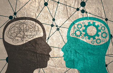 Metaphor bipolar disorder mind mental. Split personality. Concept mood disorder. Two head silhouette. Psychology and mental health. Dual personality concept. Tangle and untangle