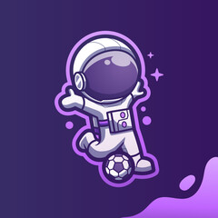 Cute Mascot Astronaut Playing Football Soccer Cartoon Vector Icon Illustration. Cartoon Vector Icon Illustration. Spaceman Mascot Cartoon Character. Flat Cartoon Style, sticker, and Card