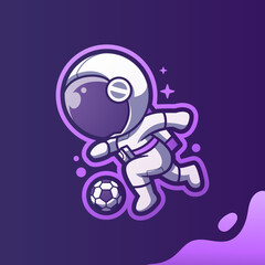 Cute Mascot Astronaut Playing Football Soccer Cartoon Vector Icon Illustration. Cartoon Vector Icon Illustration. Spaceman Mascot Cartoon Character. Flat Cartoon Style, sticker, and Card