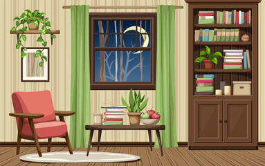 Fototapeta na wymiar Living room interior with a bookcase, an armchair, a table, and night view outside the window. Retro interior design. Cartoon vector illustration