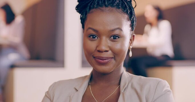 Black woman, leader portrait and smile for happiness, success and pride for progress, growth and career choice at corporate office. Face of professional African entrepreneur happy for leadership job