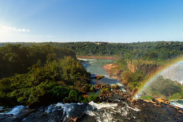 River stream before falling down a waterfall at Iguazu Falls, Argentina
