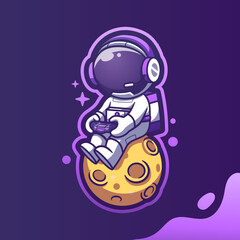 Cute Mascot Astronaut Playing video games while seated on the moon. Cartoon Vector Icon Illustration. Spaceman Mascot Cartoon Character. Flat Cartoon Style, sticker, and Card