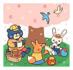 お花見するかわいい動物たちのイラスト