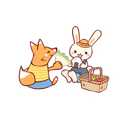 ウサギとキツネのピクニックイラスト