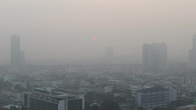 Morning time view of air pollution over Bangkok Thailand, PM2.5, February2023