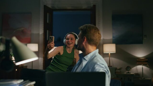 Carefree woman taking selfie husband closeup. Laughing guy videocalling laptop