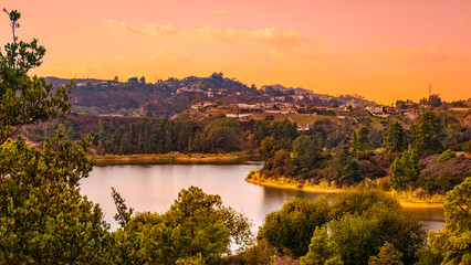 Sunset landscape of Hollywood Reservoir and Lake Hollywood Park in Los Angeles, California 