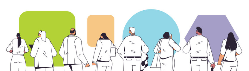 mix race businesspeople team standing back to camera rear view of business people group horizontal portrait