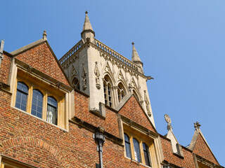 Upper facade gable and tower of Second Court and Chapel, St John’s College, Cambridge, UK