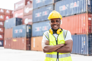 Portrait of Young African American worker work in container termainal. 