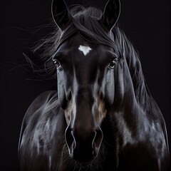 portrait of a black horse with a white mark on black background, generative ai