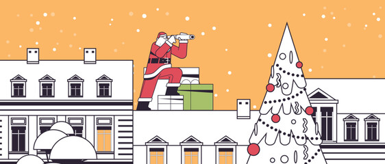 Fototapeta premium santa claus sitting on the roof and looking through binoculars merry christmas happy new year winter holidays celebration
