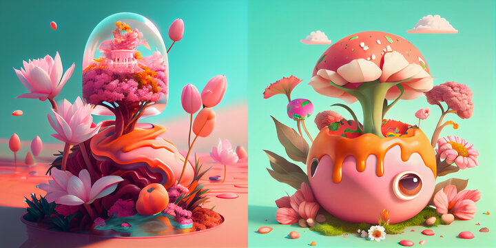 Spring Abstract 3d render composition, colorful illustration, on the beach, space futuristic, surreal art, collection, easter eggs in a basket, flowers