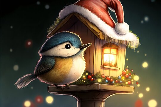 Illustration of Chickadee and Lighted Bird House with Stocking Cap