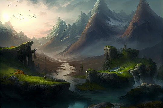 Mountainous Fantasy Landscape With Peaks And Valleys