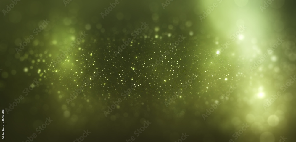Poster a green particle background with depth of field. backdrop with copy space, graphic elements for desi