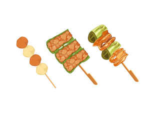 Ma la meat and vegetables with stick. Pork balls, meatballs ball, pork chops mixed with seasoning in bell peppers, sweet bell peppers and chicken meat mixed with sauce.Uncooked BBQ vector drawing food