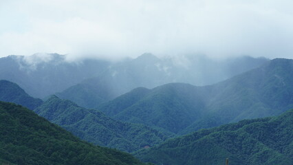 The raining mountains view with the foggy and misty raining droplets