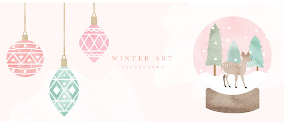 Watercolor winter art background vector illustration. Hand paint decorative christmas baubles, snow crystal ball with deer and pine trees. Design for print, decoration, poster, wallpaper, banner.