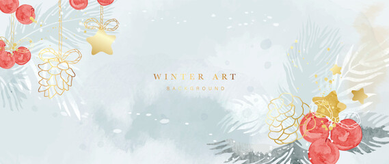 Luxury winter art background vector illustration. Hand painted watercolor decorative berry, pine cone, leaves, golden star, gold line art. Design for print, decoration, poster, wallpaper, banner.