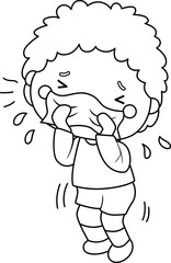 a vector of a boy sneezing in black and white coloring