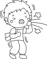 a vector of a boy coughing in black and white coloring