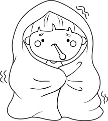 a vector of a kid having flu in black and white coloring