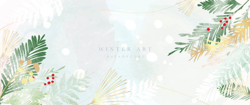 Watercolor winter art background vector illustration. Hand painted decorative winter leaves, gold pine leaves, berry leaf branch, line art. Design for print, decoration, poster, wallpaper, banner.