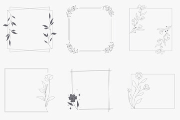 Floral and square hand drawn style. Floral black and white frame of twigs, leaves and flowers. Frames for the Valentine's day, wedding decor, logo and identity template.