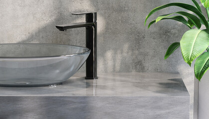Modern and luxury concrete bathroom vanity with white glass washbasin, black faucet in dappled...