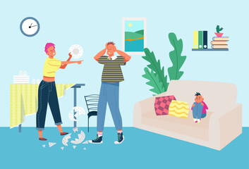 Social family problem parent argue, little children scare parentage scream, personal showdown scandal flat vector illustration.