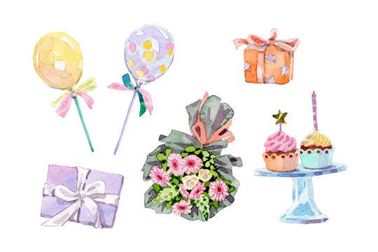 Watercolor colorful birthday elements collection