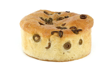 Round focaccia bread with olive over white