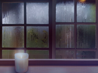 On a rainy day, see the water drops on the outside mirror blurred. (a rainy day window background)
On the left wooden floor Place candles in white.
Feelings, sadness, loneliness, nostalgia.