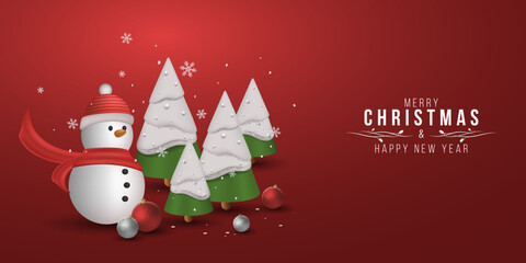 Christmas concept for your design. Cartoon snowman with decorative snowy fir tree and falling snowflakes. Vector illustration