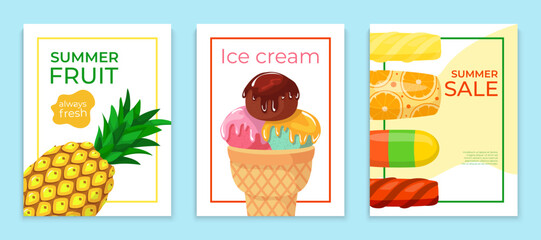 Fresh summer fruit dessert, fruit ice cream and chocolate sundae poster card set flat vector illustration, tropical juice sweets.