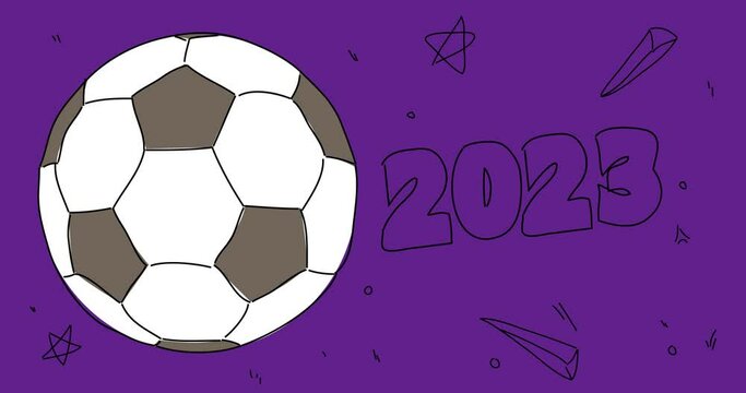Football ball with Number 2023.  Abstract dancing line cartoon animation. 4k HD Format resolution video.