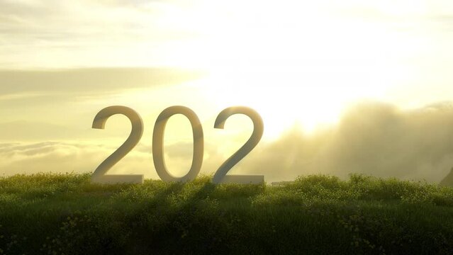 2022 flip 2023 word text slow motion put on top of mountain view beautiful background sunrise time lapse for copy space. 3D animation.	